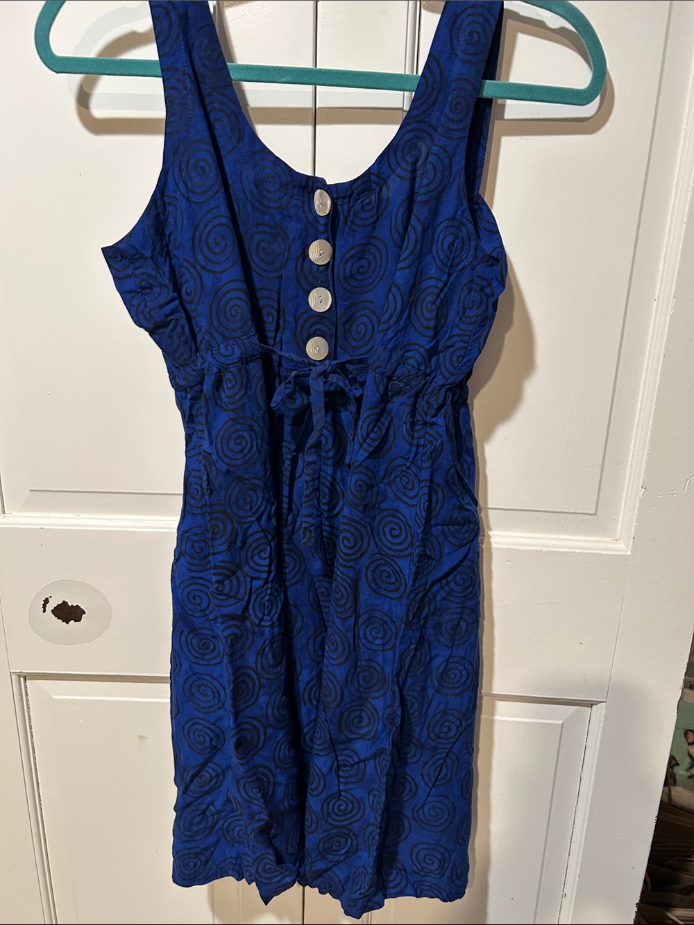 Blue Sleeveless Button-Front Dress with Drawstring Waist